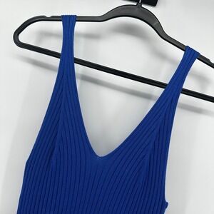 Merokeety Women's XL Knit Ribbed Maxi‎ Dress Sleeveless V-Neck Bodycon Blue